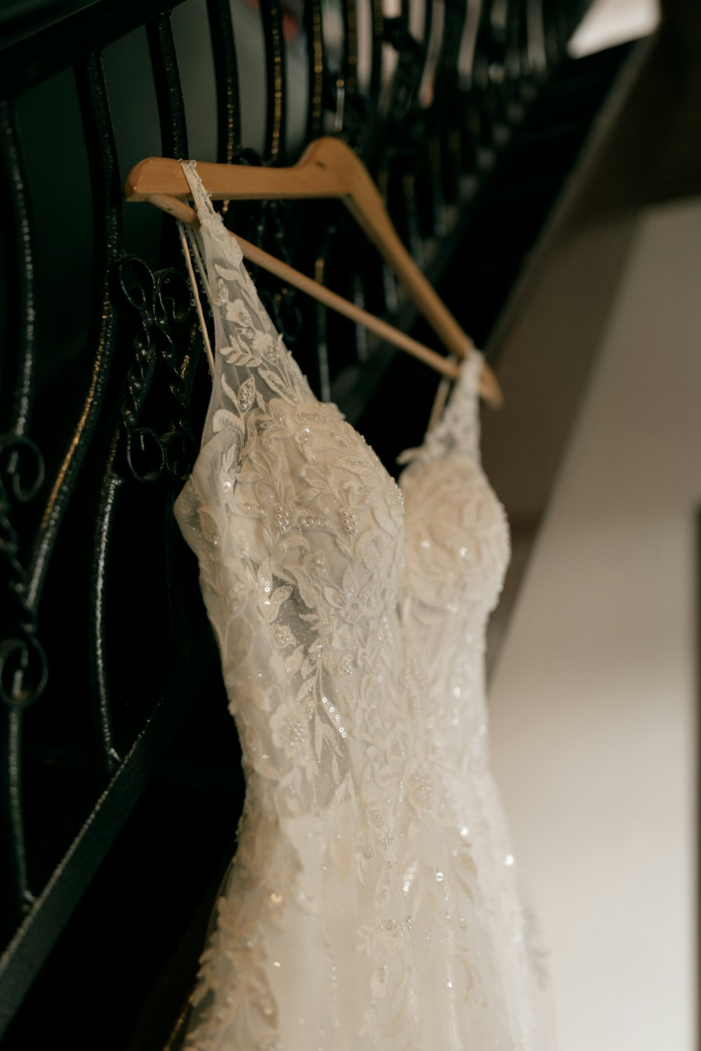 Beaded gown on a hanger
